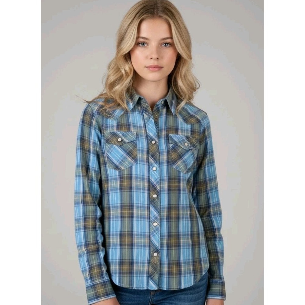 Roper Girl's Size L 12-14 Western Pearl Snap Shirt Blue Green Plaid Long‎ Sleeve